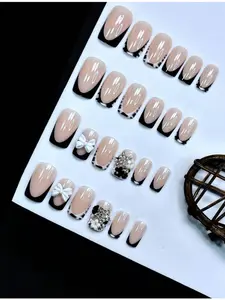 24Pcs Set French Style Black & White Tie Dye Polka Dot Press-On Nails, Reusable, With Bowknot, Star Rhinestones, Cute & Chic, Suitable For Dates, Spring, New Year, Christmas, Daily, Birthday, Festival, Spring/Summer New Arrival Nail Supplies Nails