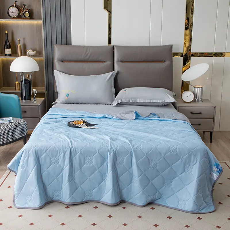 Cooling Summer Quilt, Lightweight Ice Silk Bed Blanket, Soft Breathable Mint Green Quilted Coverlet for Bedroom