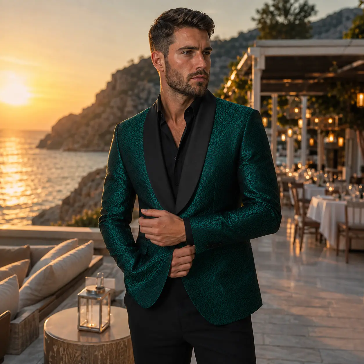 Men’s Piece Jacquard Tuxedo Suit – Patterned Shawl Lapel Blazer & Black Dress Pants, Slim Fit Formal Wedding Prom Party Outfit, Black Bow Tie Included
