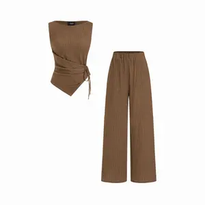 Cider Texture Boat Neck Asymmetrical Hem Top & Mid Rise Straight Leg Trousers Set