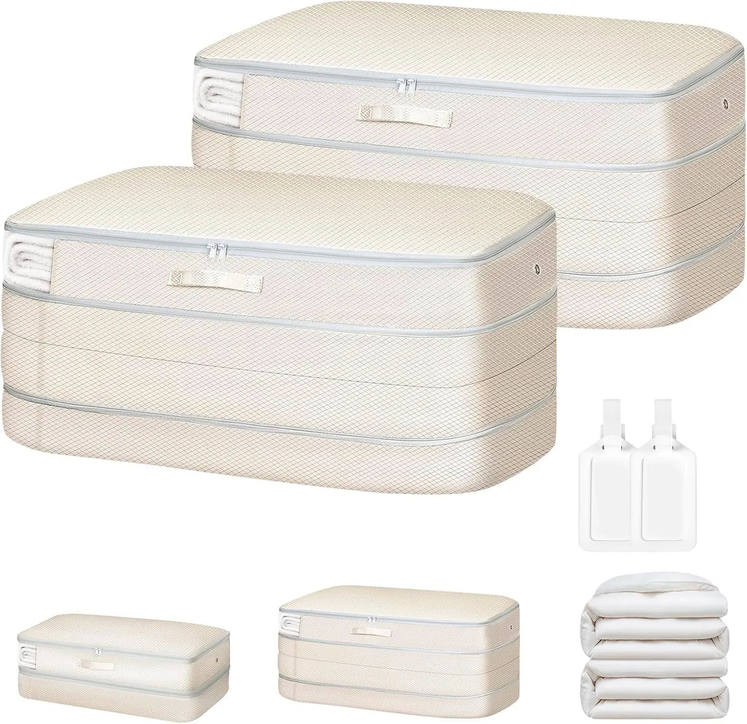 Comforter Storage Bags – Large Capacity Self Compression Organizer for Bedding, Blankets, Duvets & Pillows, Washable (2 Pack, Beige)