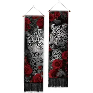 PLIGREAT 2 Pack Black Cheetah Tapestry, Aesthetic Rose Wall Hanging with Tassels Wildlife Animal Tapestry for Bedroom Living Room Home Decorations Cool Narrow Art Tapestries, 52 x 13 Inch