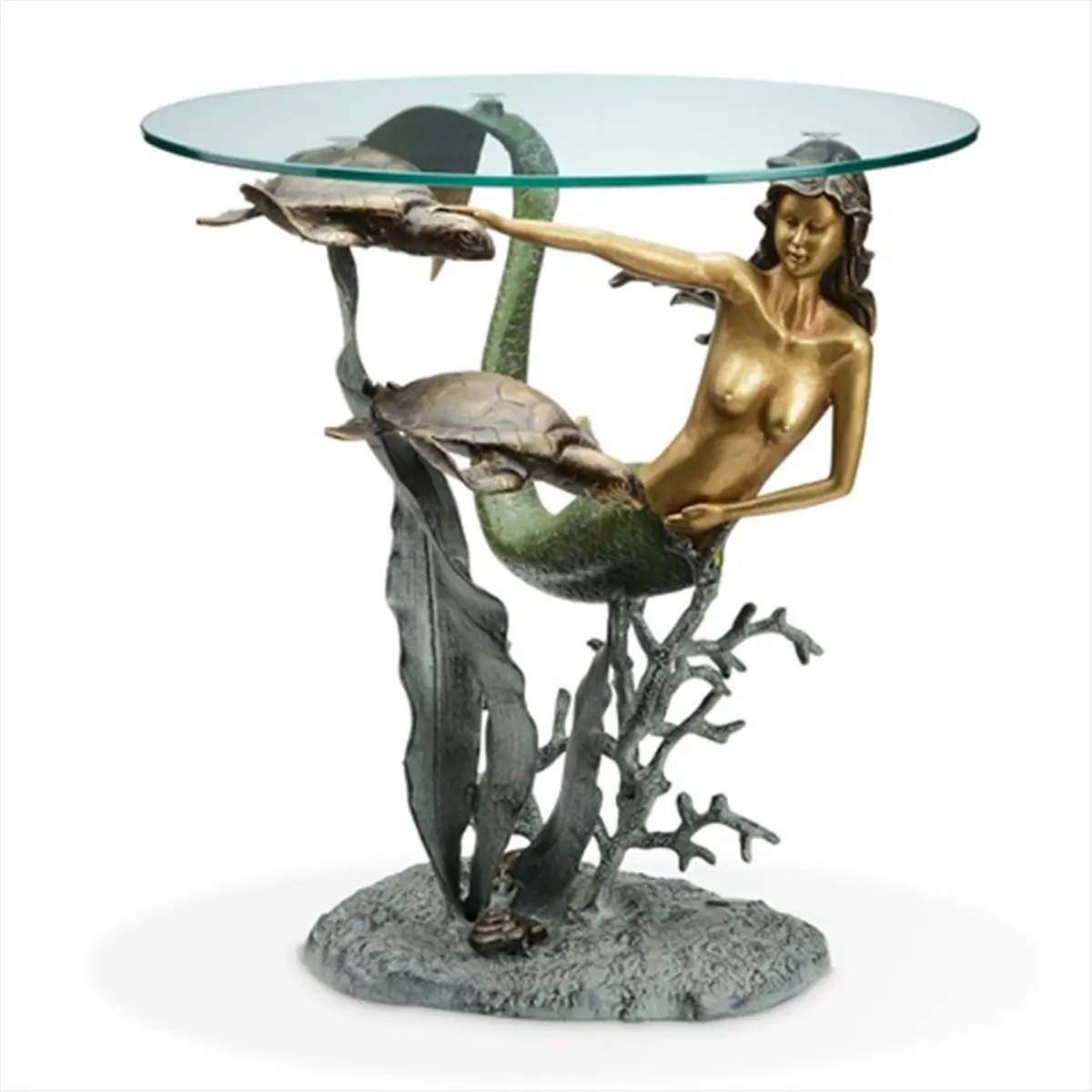 SPI Home 33708 Aluminium Sculptural Table - 22x22x22in Artistic Side Table, Mermaid & Sea Turtle Sculpture, Coral Base, Finely Detailed Indoor Living Room Work of Art Furniture