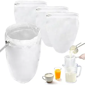 Fine Mesh Strainer Bags - 3 Reusable Cheese Cloth Bags with Stainless Steel Handle for Straining, Coffee Filter, Nut Milk Bag for Juice, Tea, Yogurt, Kitchen Food Prep