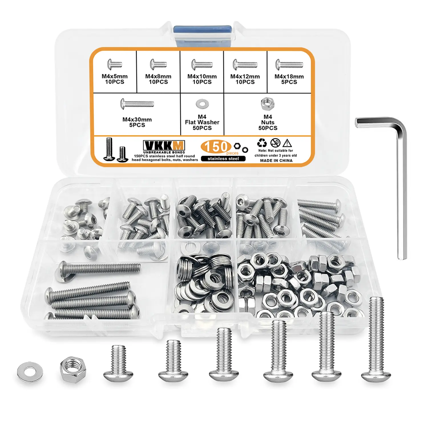 VKKM 150Pcs M4 Button Head Socket Cap Screws Assortment Kit, 304 Stainless Steel Hex Bolts with Nuts Flat Washers & Allen Wrench, 6 Sizes M4 x 5/8/10/12/18/30mm for Machinery Furniture DIY Repair