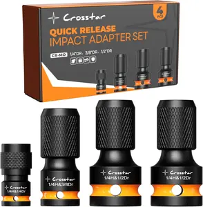 Crosstar 4-Piece Cr-Mo Steel Impact to 1/4 Hex Converter Set, Tools and Gadgets, Quick Release Chuck Adapter with 1/2-3/8-1/4-Inch Square Drive Female Hex Sockets, Screwdriver Bit Holders for Electric Impact Wrenches