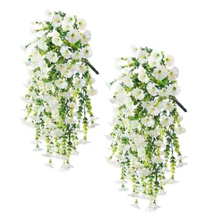 2 artificial hanging violets and eucalyptus flowers, Artificial Flower Arrangements, Silk Flowers String, UV protection, water-resistant, orange flowers with green leaves, suitable for indoor/outdoor, weddings, garden decorations