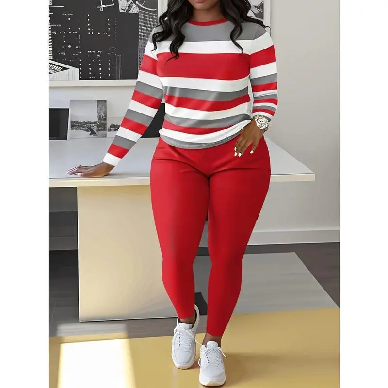 Two-piece Slim Matching Set: Long Sleeve Crew Neck Striped Color Block T-shirt & Solid Elastic Waist Pants Outfits for Women