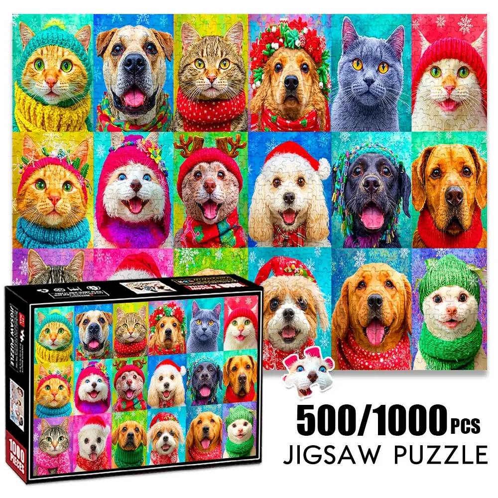 1pc 1000 piece adult puzzle 70x50cm Cute Animals Cats and Dogs in Festive Hats and Scarves 500 pieces paper jigsaw puzzle suitable for DIY creative games for adults and families, birthday and holiday stres
