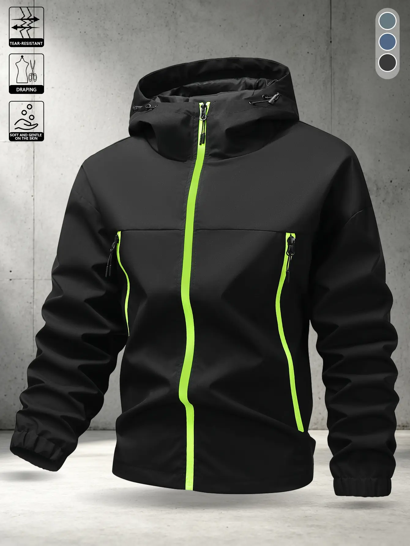 Men’s fluorescent color-block zip-up hooded windbreaker with adjustable drawstring hood and elastic cuffs, waterproof casual outdoor jacket