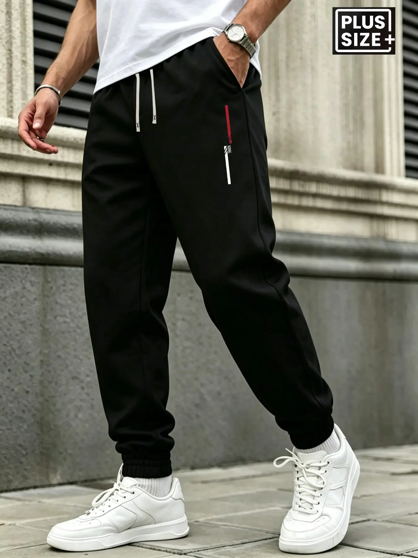 Plus Size Men's Casual Jogger Pants (2XL-6XL), Elastic Waist Drawstring Track Pants, Color Stripe Print Streetwear Sweatpants, Loose Fit Trousers for Big & Tall Men