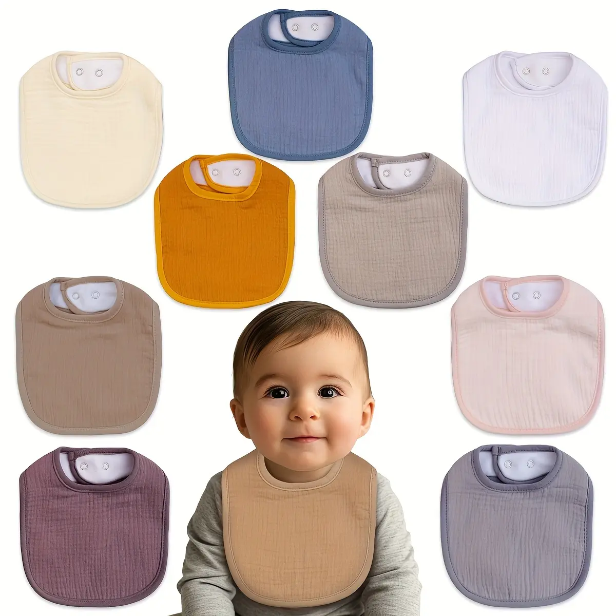 8 Pack Baby Bibs – Soft Silk Cotton Absorbent & Breathable Bibs with Adjustable Snap, Multicolor Unisex Bibs for Boys & Girls, Feeding & Drooling Infant Essentials