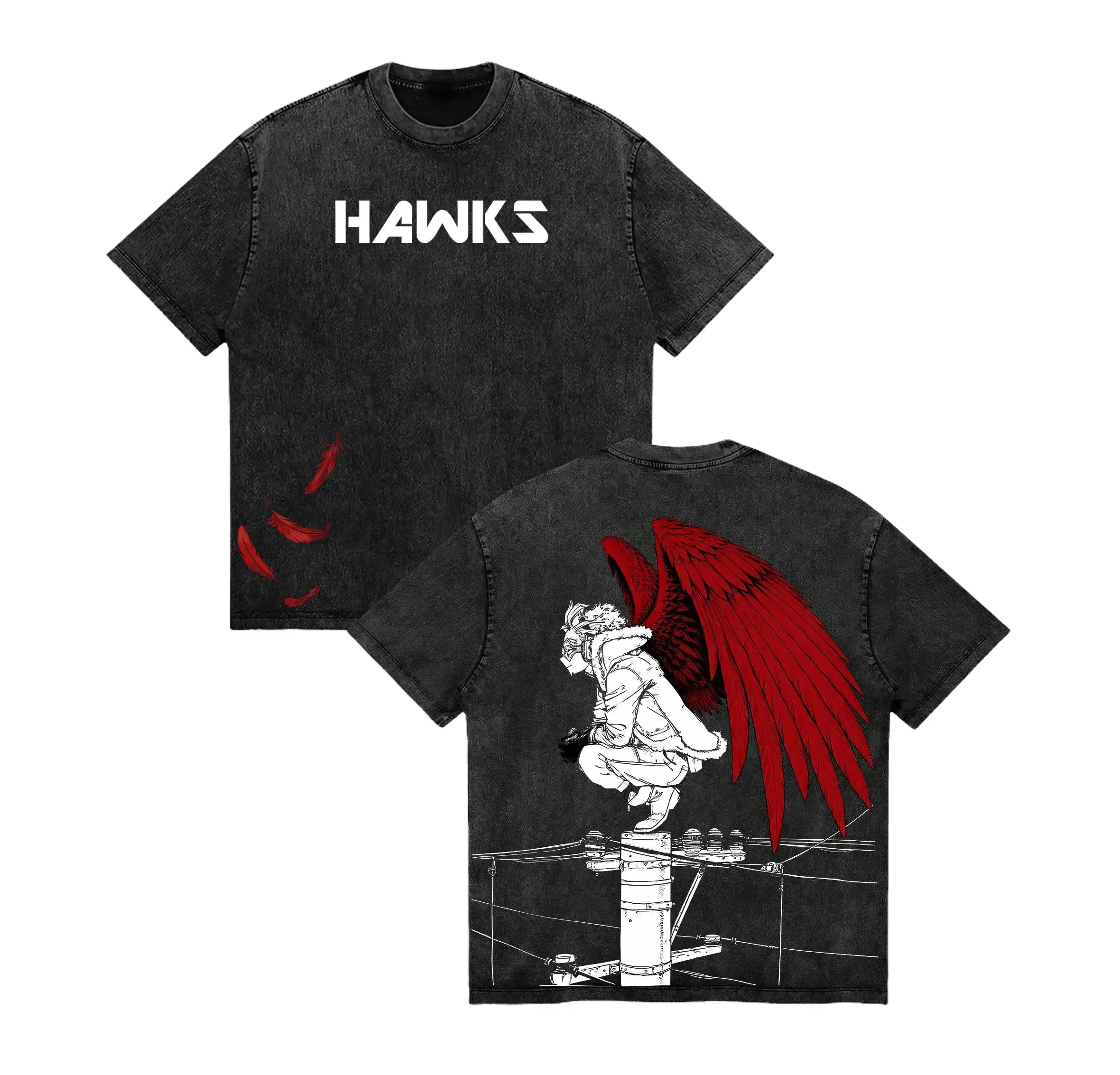 Menswear Cotton Short-Sleeve Hawks Keigo Takami My Hero Academia Washed Oversized Tee - Red Wings Anime Streetwear, Vintage Graphic Top for MHA Fans, Retro 2D Hero Casual Everyday Aesthetic Unisex Fan Gift, Shortsleeve