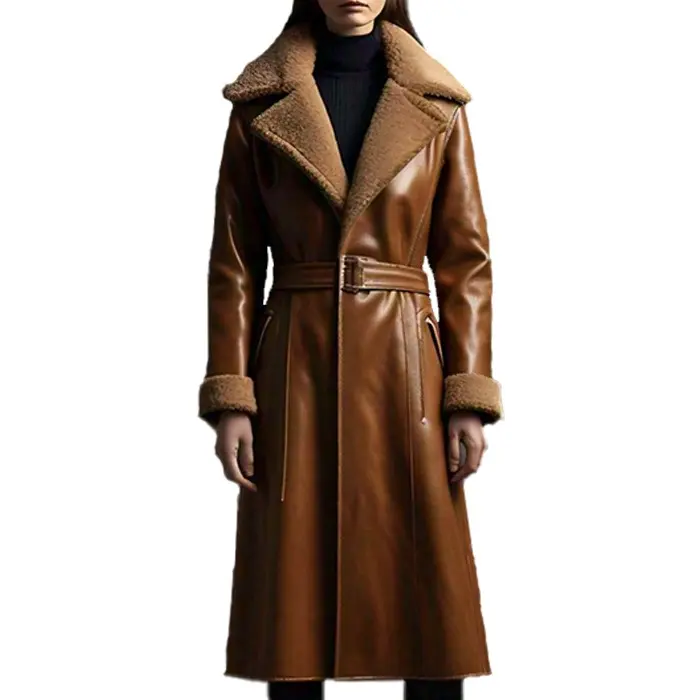 Women’s Genuine Leather Trench Coat with Shearling Lining Full Sleeve Winter Fashion Street Style Coat