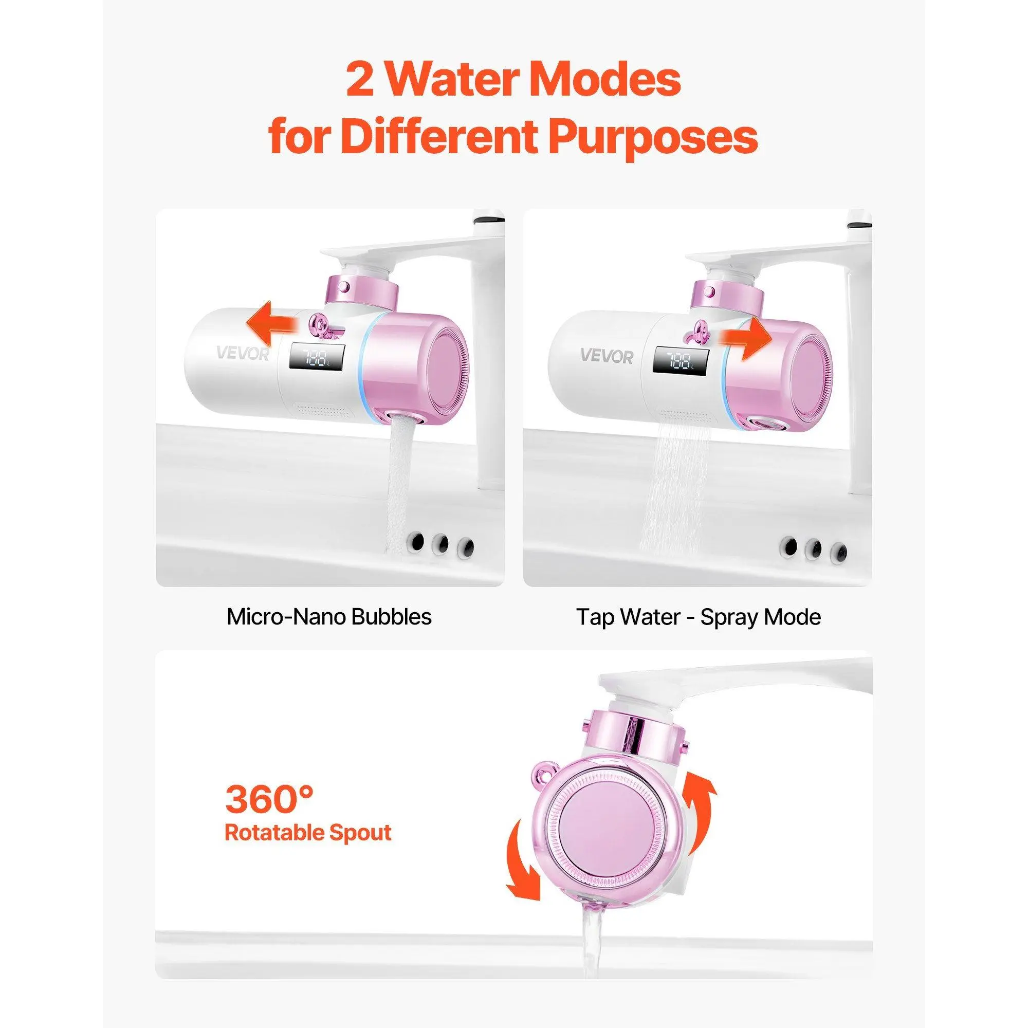 VEVOR Faucet Mount Water Filter, Bathroom Sink Purifier Tool with 12 Adapters, 50B Micro-Nano Bubbles per Gal, Deep Cleaning Skincare Function, Pink + Gold, Gift for Women