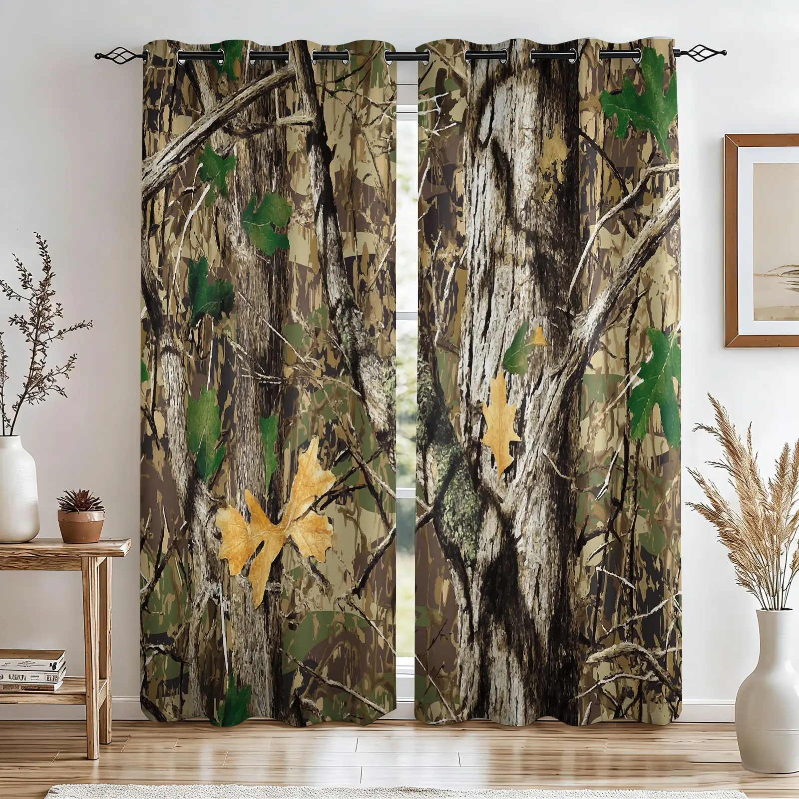 2 Pcs Hunting Camo Tree Printed Curtains, Forest Camouflage Darkening Blackout Bedroom Curtains, Thermal Insulated Decoration Curtains, Nature Woodland Pattern, Light Blocking for Men Boys Living Room
