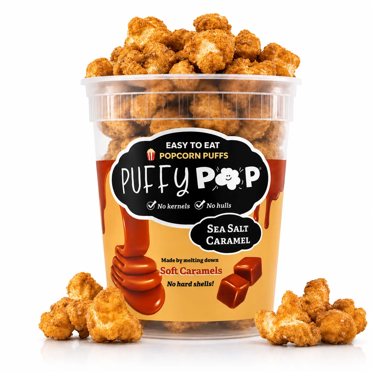 Sea Salt Caramel (GF) Puffy Pop Popcorn Puffs - No Kernels, No Hulls, Easy to Eat Snack