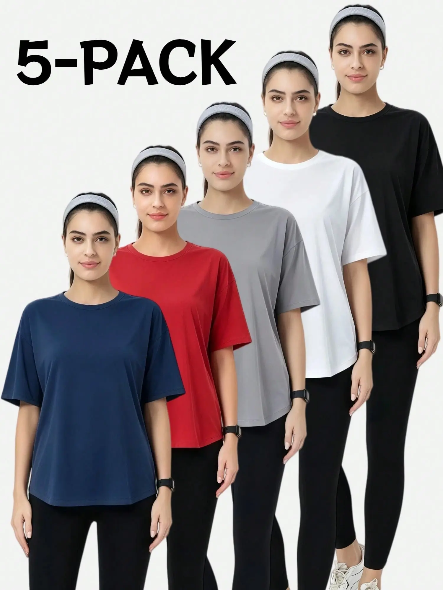 Crew Neck Dry Fit Tees for Women's Plus Size, 5-Pack Solid Color Athletic Basic Tops for Gym & Everyday Wear