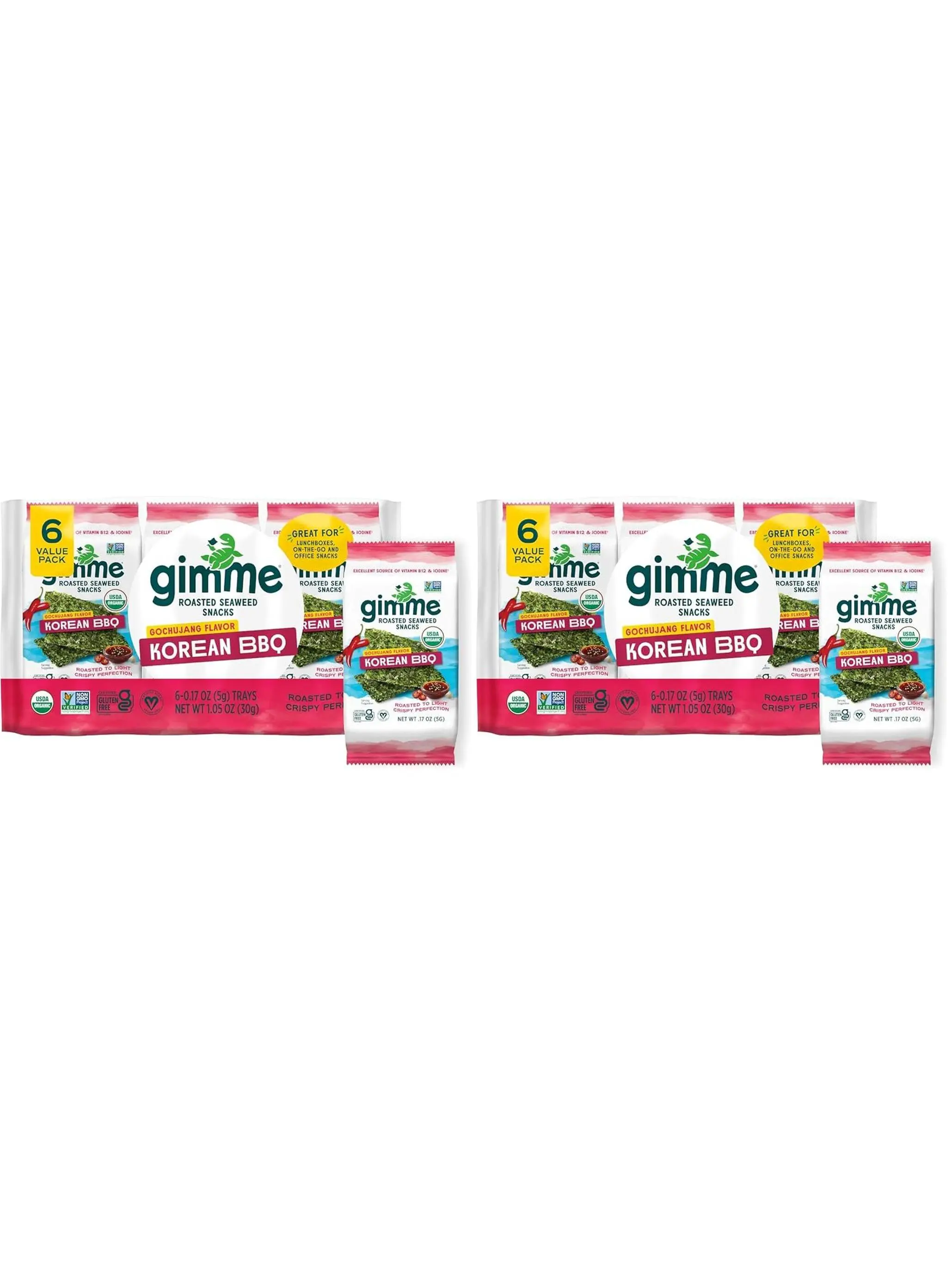 Gimme Seaweed Organic Premium Roasted Seaweed Snacks, Sea Salt, 6 Count, Keto, Vegan, Gluten-Free, Great Source of Omega3s and Iodine, Healthy On-The-Go Snack for Kids and Adults