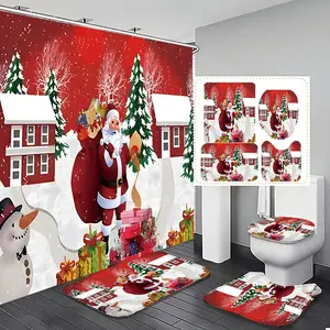 1/3/4pcs Christmas Shower Curtain Set with 12 Hooks, Non-Slip Bath Mat, U-Shaped Rug Toilet Lid Cover, Festive Santa and Snowman Design, Ideal for Home Decor and Holiday Gifts