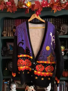 Women's Cute Ghost & Black Cat Cardigan, Spooky Goth Aesthetic Knitted Sweater, Novelty Graphic Top for Daily Wear, Alt Fashion