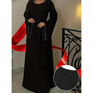 Versatile Wear, Elegant Solid Color Long Dress with Rhinestone Cuff Details - Long Sleeve, Round Neck, Polyester - Suitable for All Seasons summer  outfits
