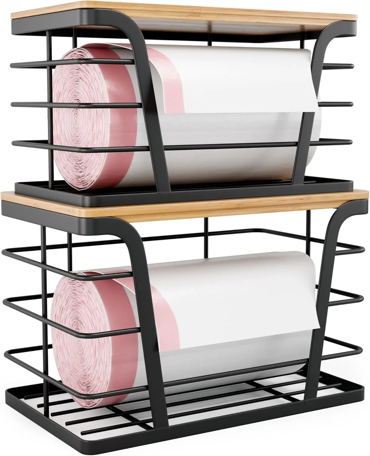 Bamboo 2-Pack Expandable Smooth Wood-Top Stackable Rack Set, Wall-Mount Home Organizers with Trash Bag Holder & Dispenser, No-Drill Kitchen Accessories for Laundry, Bathroom (Large:10.63"×6.42"×7.09")