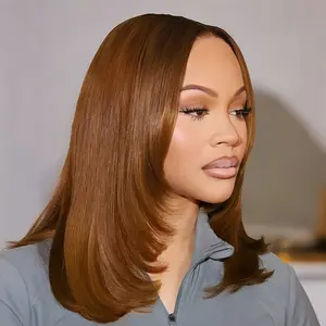 OQ HAIR Chestnut Brown Layered Yaki Straight 7x5 Pre Cut Lace Front Wigs Human Hair with Drawstring 180% Density Bye Bye Knots Glueless Wig Pre Plucked Bleached Knots Natural Hairline