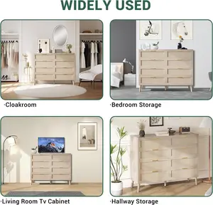 【Christmas Gift】Eight Drawer Rattan Dresser with Gold Handles for Bedroom and Living Room with Five Strong Legs and Removable Divider