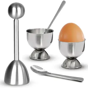 Egg Cups & Cracker Set of 5, 1 Stainless Steel Egg Topper Cutter - 2 Egg Holders for Soft Boiled Eggs - 2 Egg Spoons for Boiled Eggs