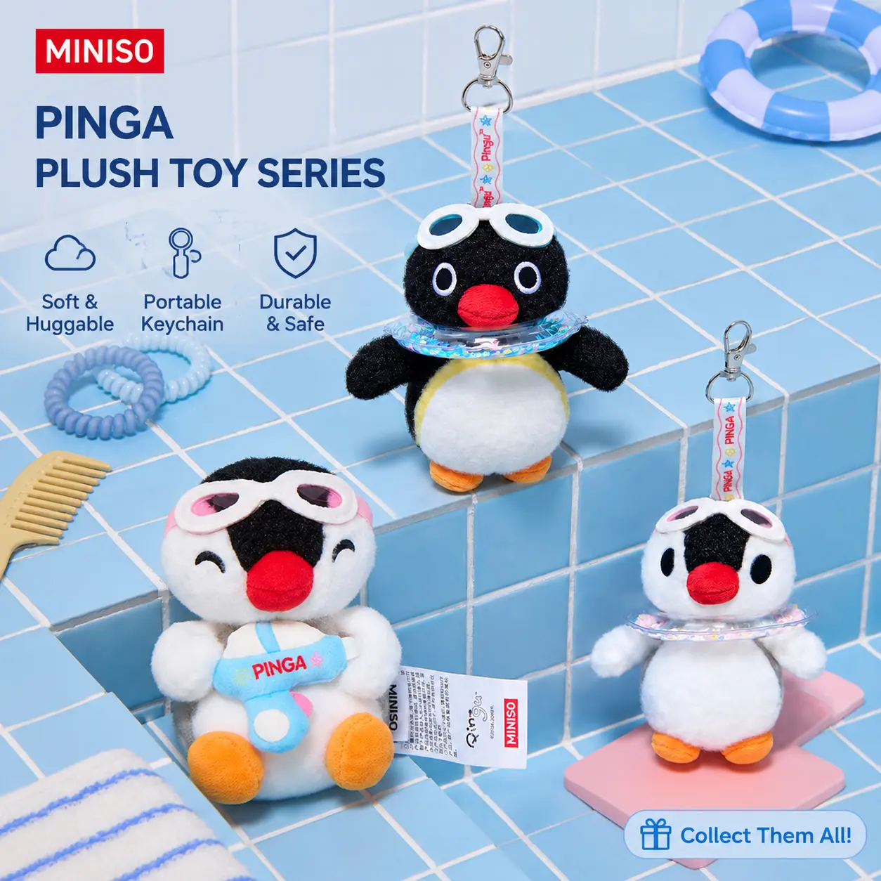 MINISO Pingu Cool Summer Shake-Shake Plush Charm, Cute Bag Pendant with Fun Shakeable Design, Soft Material, Collectible Accessory, Ideal Daily Decor & Gift for Pingu Fans, Back-to-School Present