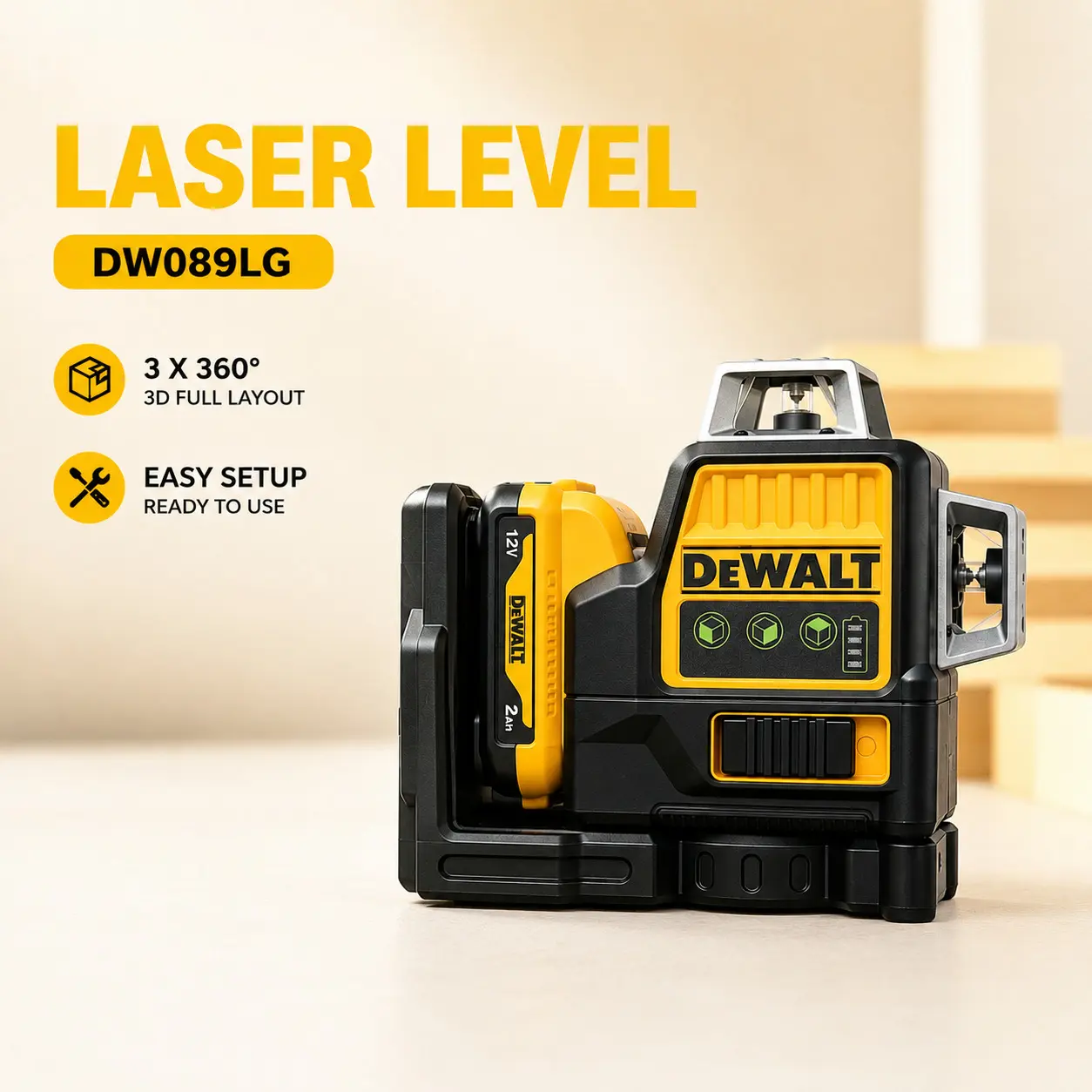 Dewalt DW089LG 12V 12-Line Laser Level - 3 Sides, 3 x 360° 360-Degree Room Coverage Vertical Self-Leveling Unit for Professional Applications
