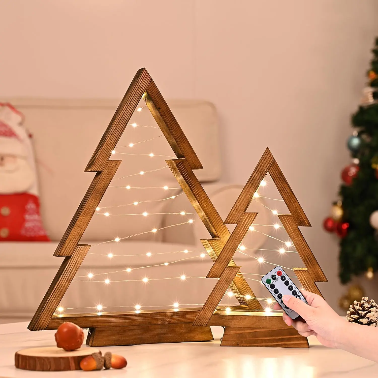 Magnetic Lighted Tree-Shape 2-Piece Wooden Christmas Tabletop Set with Remote Light Switch - Modern Farmhouse Design, Home Decor Ornament for Mantle/Room, Festive Holiday Gift (Small & Large Sizes)