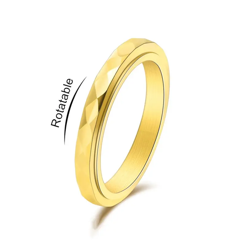 Women's 3mm Thin Stainless Steel Faceted Spinner Ring - Wedding Band, Multi-Colors Gold/Rose Gold/Silver, Sizes 5-12