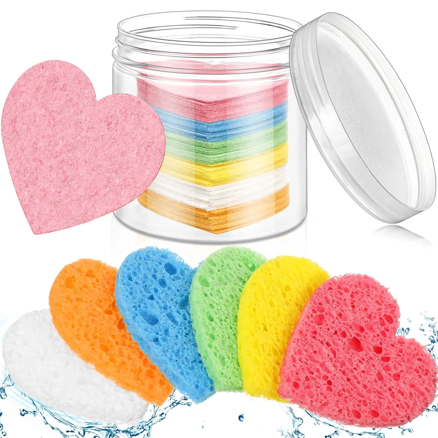 Heart Shaped Facial Sponges, 60 Pcs Compressed Natural Cleansing Pads, Reusable for Exfoliating and Face Wash, Multi-Color with Storage Container