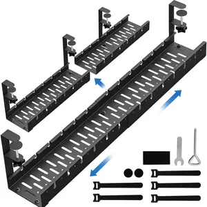 No Drilling Extendable Under Desk  Management, Metal  Management Tray Under Desk with Clamp, Retractable Power Strip Cord Holder for Wire Management 31Inch(1 Pack Black Extendable 31')