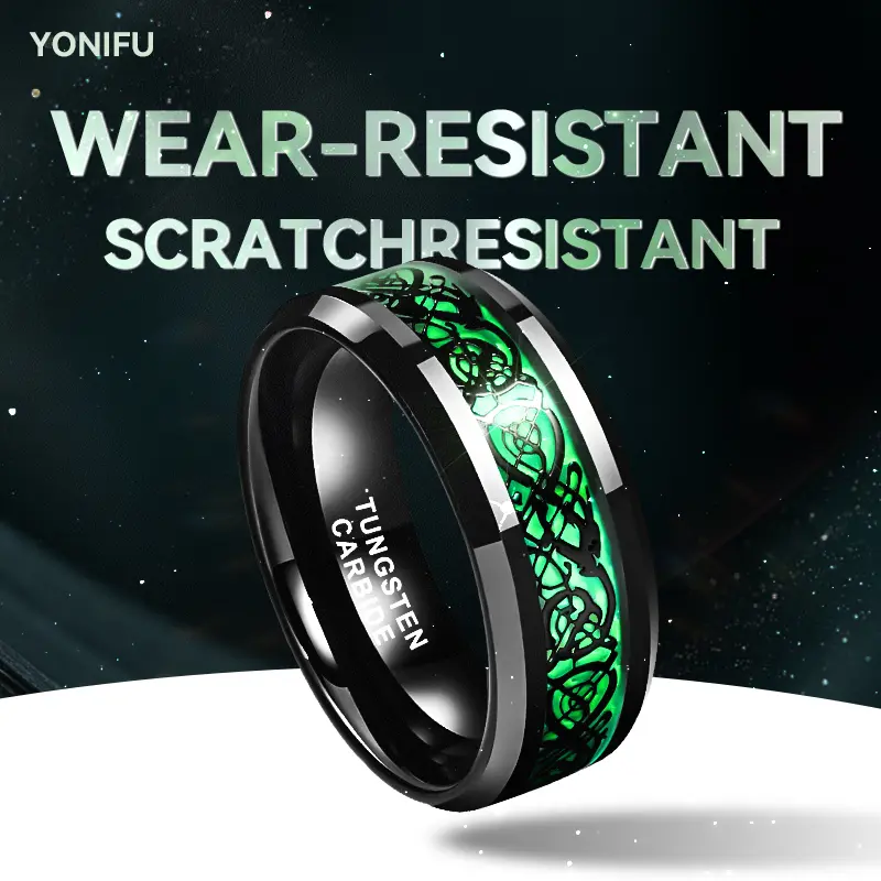 Yonifu 8mm Black Tungsten Wedding Rings with Celtic Dragon & Red-Green-Purple Carbon Fiber Inlay, Unisex Band with Comfortable Snug Fit, Scratch Resistant