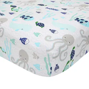 Lambs & Ivy Oceania 100% Cotton Blue/Gray/White Whale with Octopus and Fish Nautical Ocean Theme Fitted Crib Sheet