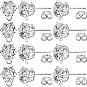 60pcs Zirconia Earring Posts with Loop Hypoallergenic Rhinestone Earring Studs and 60pcs Earring Backs Stoppers for DIY Jewelry Making Wedding Favor Gifts
