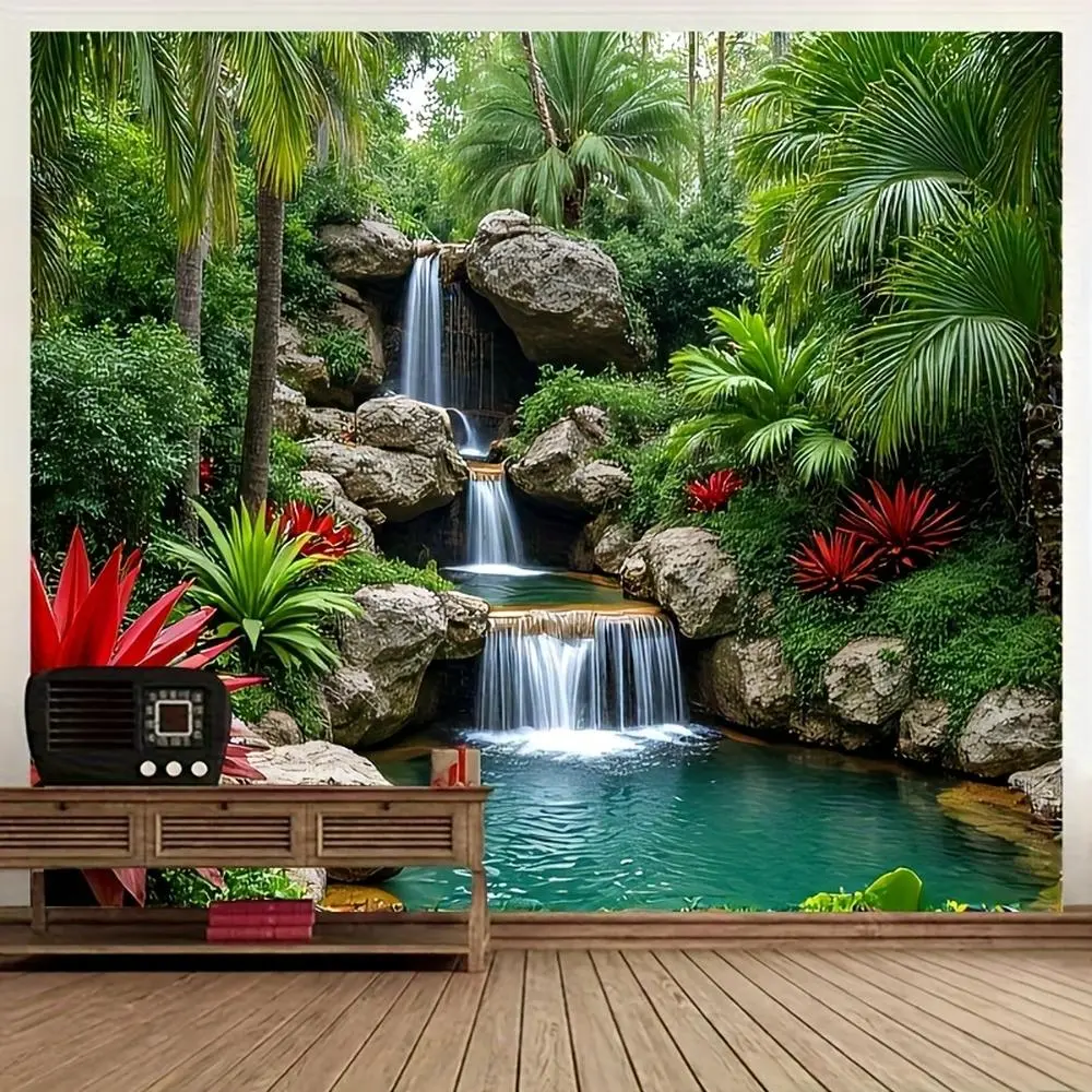 1PC 2D Flat Tropical Rainforest Waterfall Tapestry Wall Mural Polyester Digitally Printed Wall Decor, Homestay & Birthday Backdrop for Bedroom & Living Room,summerwins