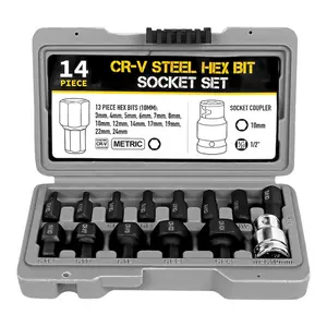 Hexagon Drive Bits 1/2 Inch Socket Set 14 Piece Allen Key Bit In Case 3mm-24mm