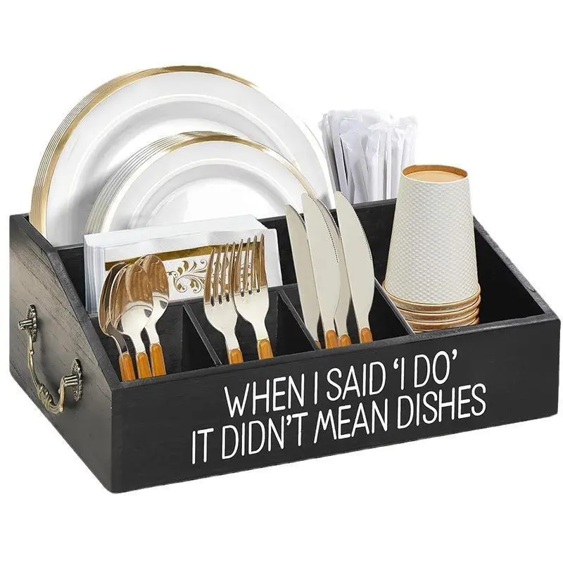 Paper Plate Dispenser for Countertop - Wooden Utensil Holder Organizer for Party - Silverware Caddy for Plate, Cup, Fork, Spoon - Cutlery Holder with Handles for Kitchen Camping Buffet holiday haul candy drawer multifunctional deal storage multipurpose