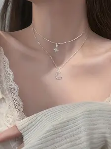 Elegant Women's Jewelry Trendy Dual-Layer Rhinestone Star Moon Necklace, Perfect Gift for Loved Ones, Stylish Accessory for Any Occasion, Multilayer Necklace, Rhinestone Decorated Necklace, Star Shine Necklace