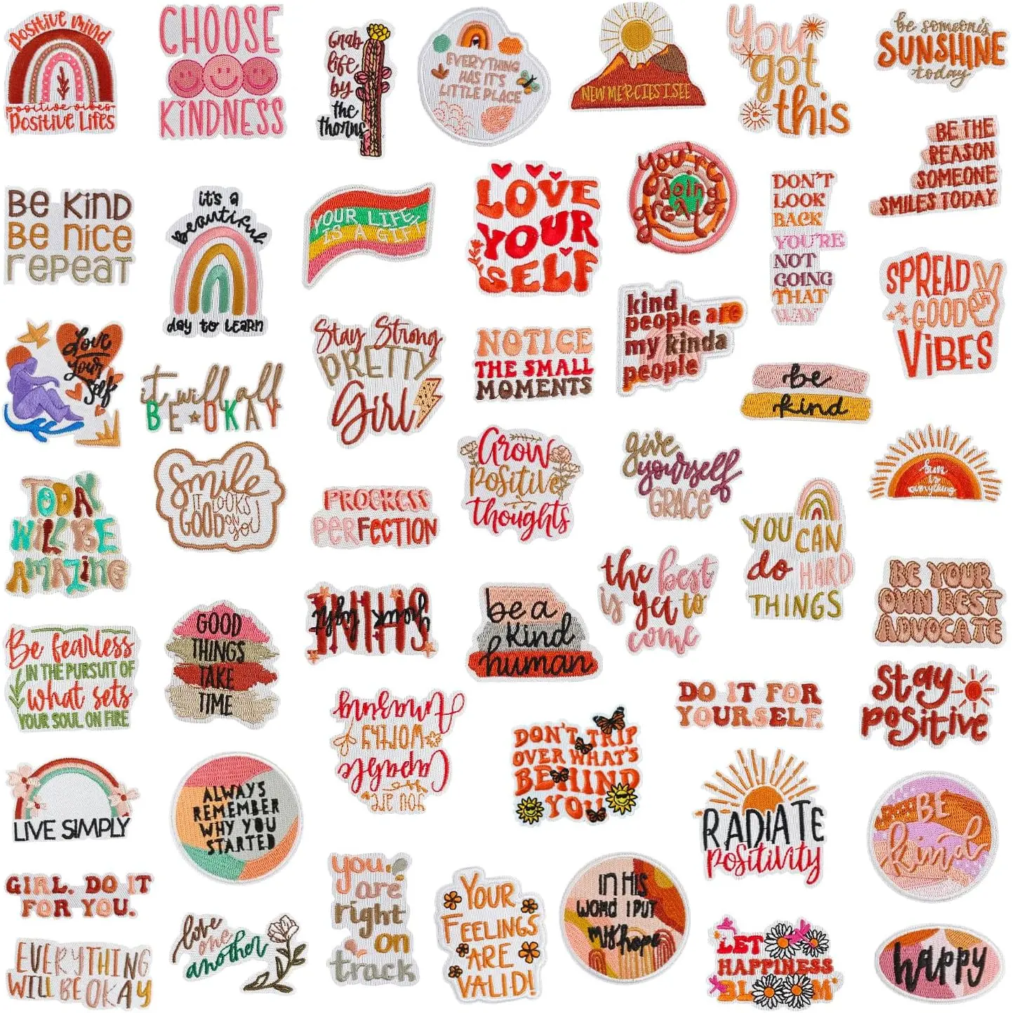50Pcs Love yourself Affirmation Iron on Patches for Girls, Boho Positive Phrase Embroidered Iron on/Sew on Patches for Clothing, Jackets, Jeans, Hats DIY Accessories