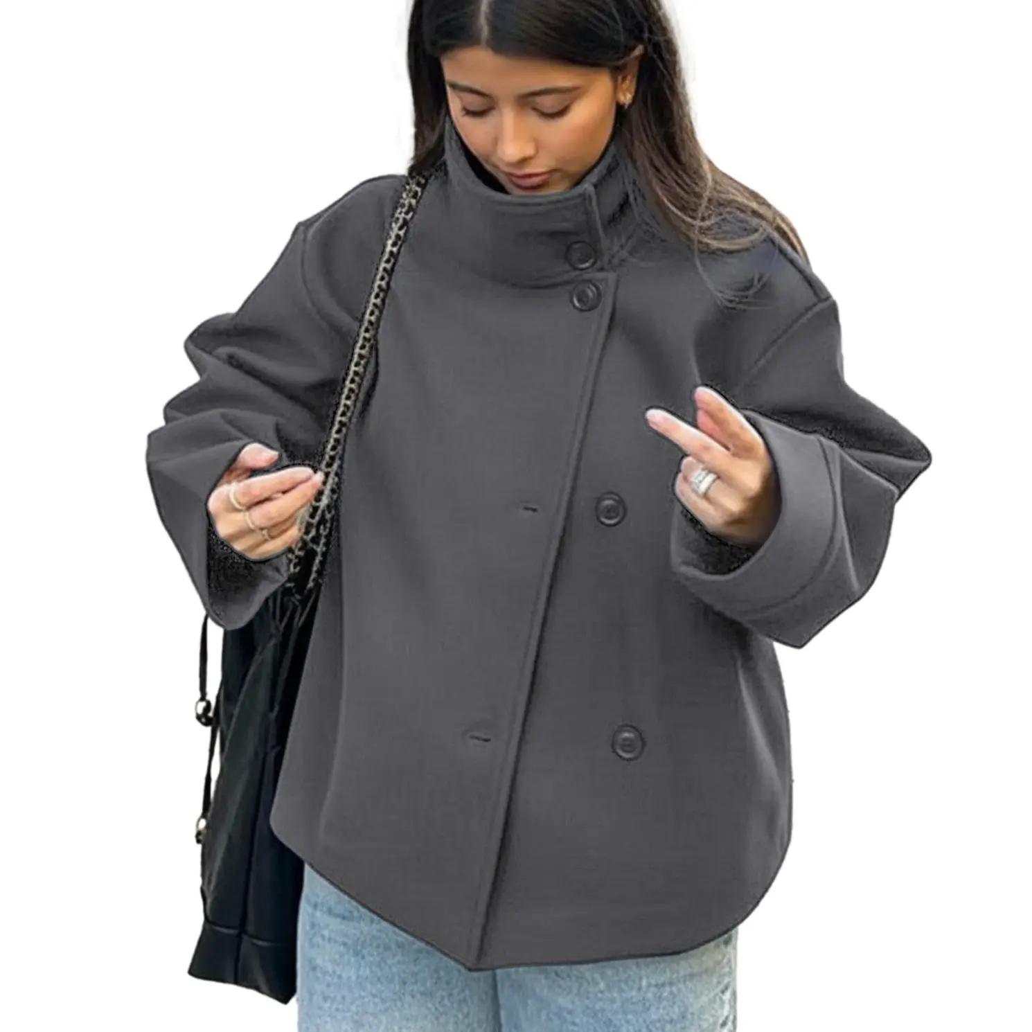 Hixiaohe Women's Short Navy Wool Coat, Stand-Up Collar Single-Breasted Wool-Blend Jacket, Casual Spring Short Navy Wool Coat