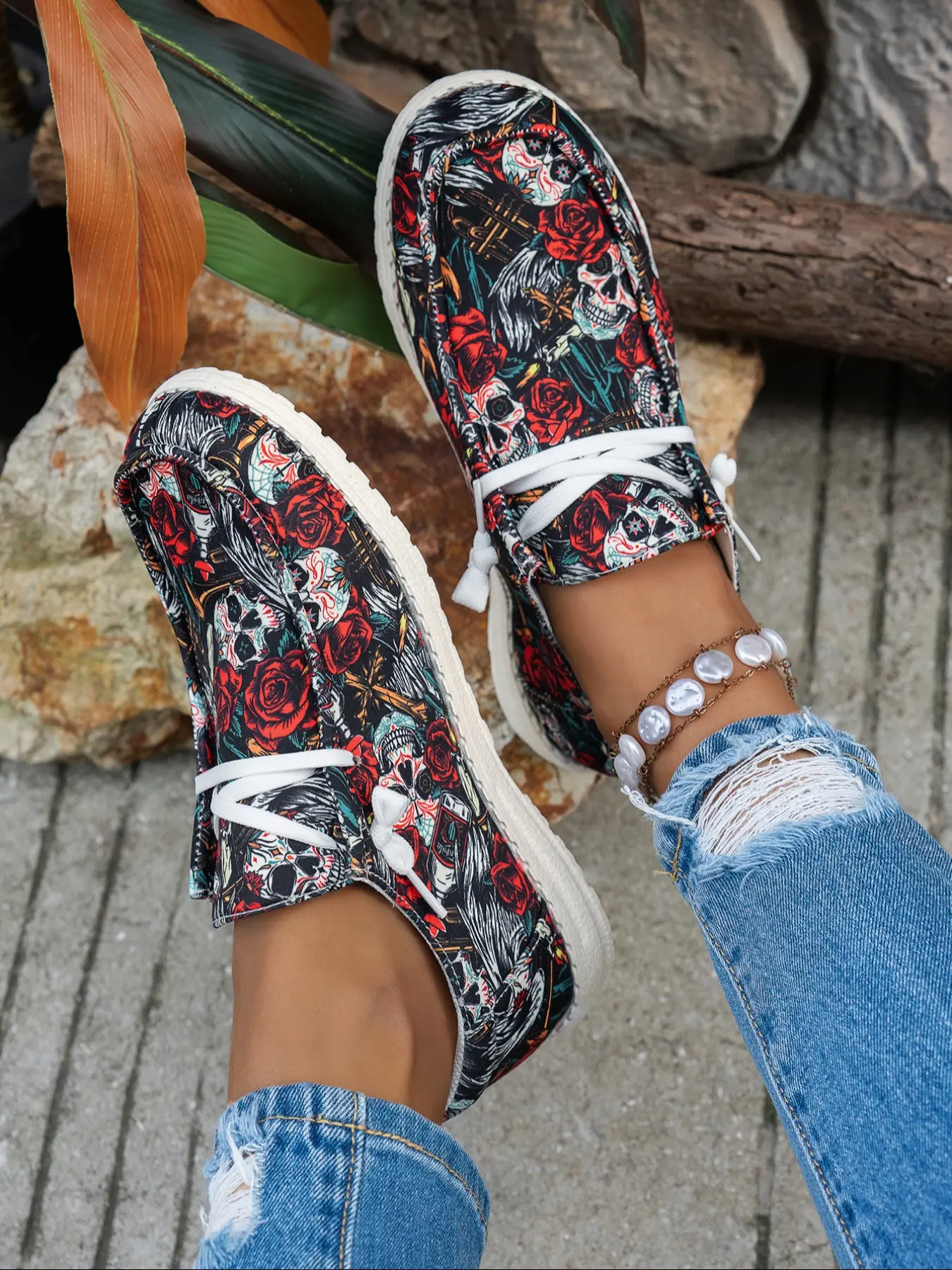 Women's Rose Skull Tie-Dye Loafers Slip On, Autumn New Style Casual Walking Shoes, Halloween Gift Idea, Ghost Skull Design, Home & Outdoor Wear