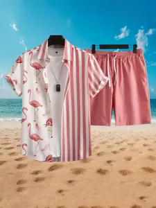 Two-Piece Matching Set Men's All Over Flamingo Print Tropical Striped Shirt & Shorts Set, Casual Short Sleeve Collared Top & Shorts for Summer, Summer Outfits Set, Men's Clothes for Beach Vacation, Menswear