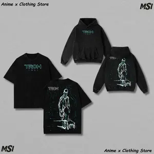 A cyber-style Hoodie & Tee inspired by TRON LEGACY, featuring a glowing grid warrior with iconic disc and Lightcycle s57