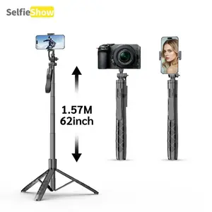 62''aluminum alloy selfie tripod, suitable for iPhone/Android phones and TikTok live streaming, can be fitted with fill lights or cameras for photography. Features a 360-degree rotating handle, making it a professional selfie stick.