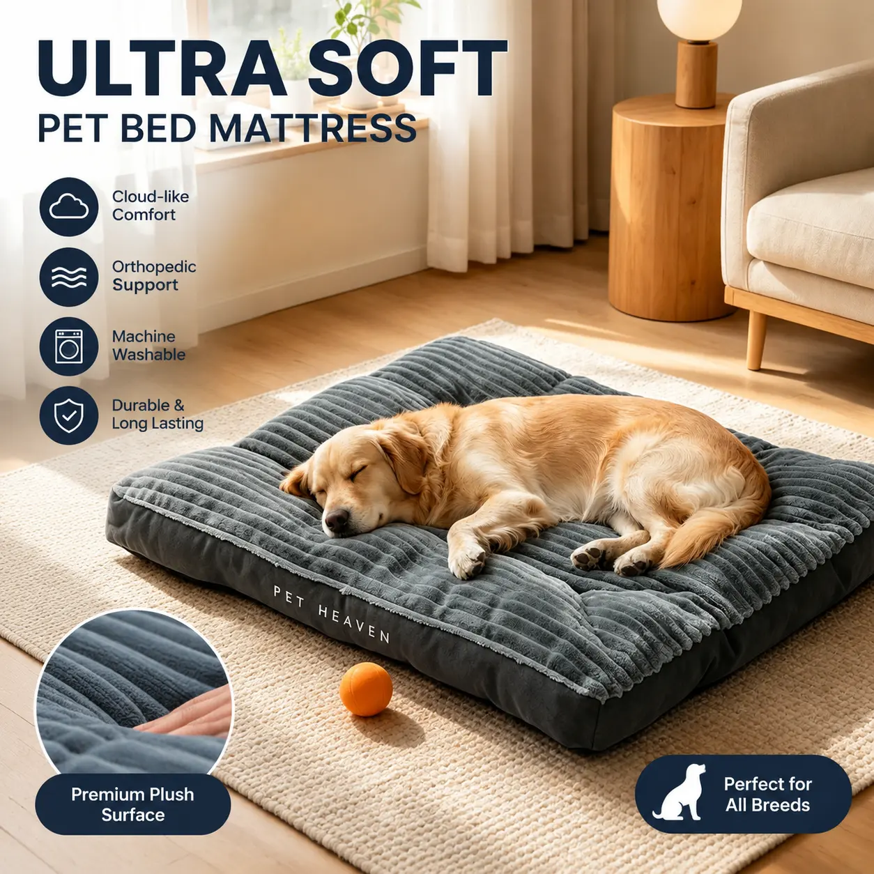 BOFNL Large Dog Bed, Washable Pet Mat, Supportive & Self-Heating, Pets’ Favorite Bed, Removable Cover for Machine Washing, Suitable for Cages, Trunks, Camping, and Outdoor Use, Portable, Machine Washable, Durable, with Waterproof Cooling Liner & Non-Slip